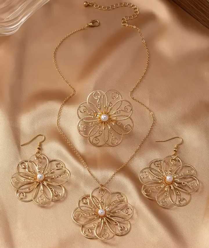 Flower Necklace Earrings And Ring